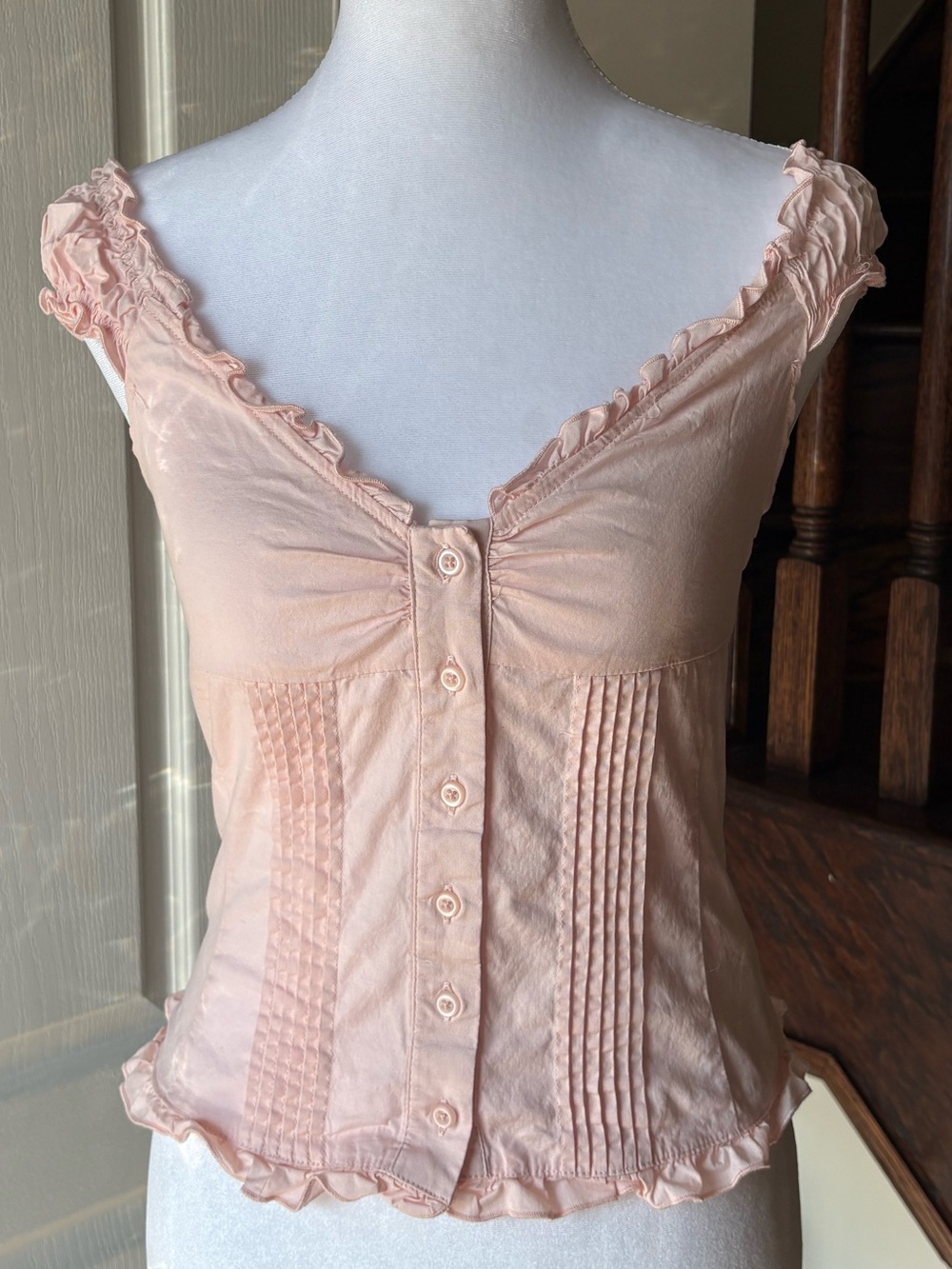 Cotton Pink Button Frill Milkmaid Blouse